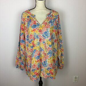 Croft & Barrows Blouse Top 2X Womans Plus Blue Yellow Floral Long Sleeve V-neck